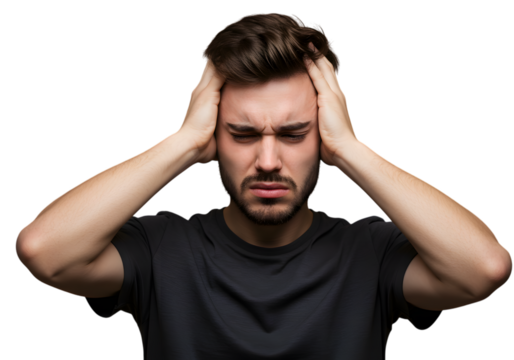 Man Grabbing Head in Pain, Feeling Headache, Expression of Discomfort