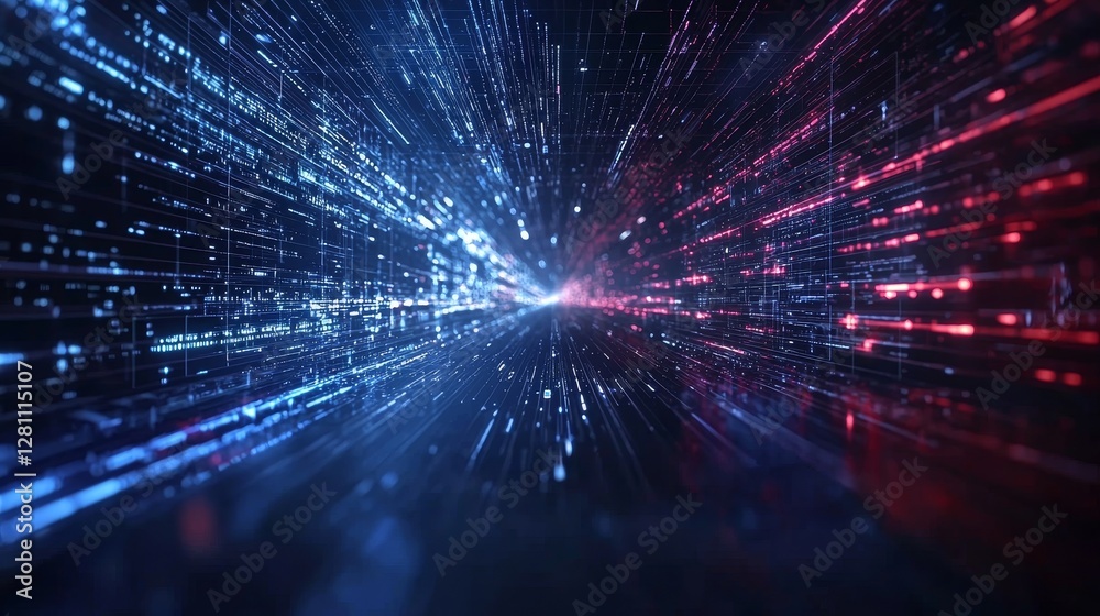 Poster dynamic light trails symbolizing movement and power in an abstract digital art piece set in a futuri