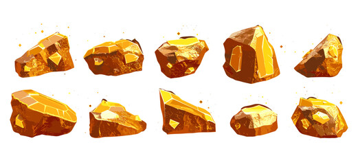 Vector gold nugget blocks of different shapes, cartoon game assets of golden ore, precious rocks for treasure and mine design, big jewel raw material pieces, yellow shiny textured gemstone