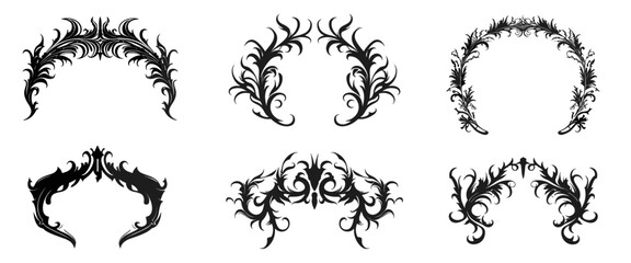Dark baroque vintage design element, Gothic frame vector set, retro futuristic ornament, neo tribal fantasy branches border, symmetric y2k swirl, black arch, decoration, Gothic frame print collection