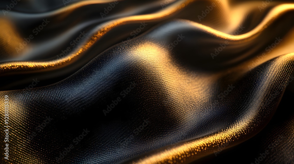 Poster close-up view of luxurious black silk fabric with golden highlights. the texture and folds create an