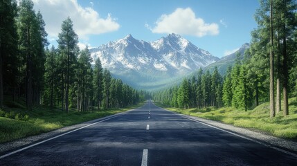 Naklejka premium Asphalt highway road and green forest with mountain natural landscape under blue sky : Generative AI