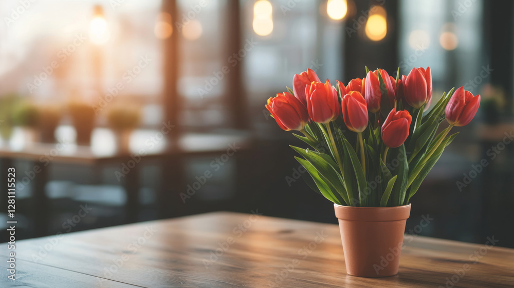 Poster a vibrant bouquet of red tulips is placed in a terracotta pot on a wooden table. soft light filters 
