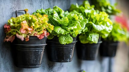 Vertical Garden Wall with Various Plants in Black Pots