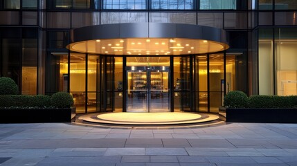 Fototapeta premium Aerial view showcasing a revolving glass door situated within a modern architectural building, highlighting its sleek design and functionality.