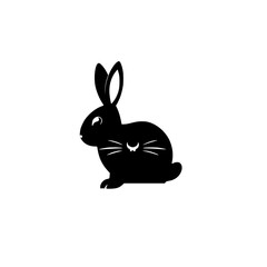 Black silhouette of a bunny on a white background. Bunny is facing right, with an emblem of a black crescent moon.
