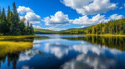 Fototapeta premium Serene Lake Reflection In Autumn Forest Under Blue Sky