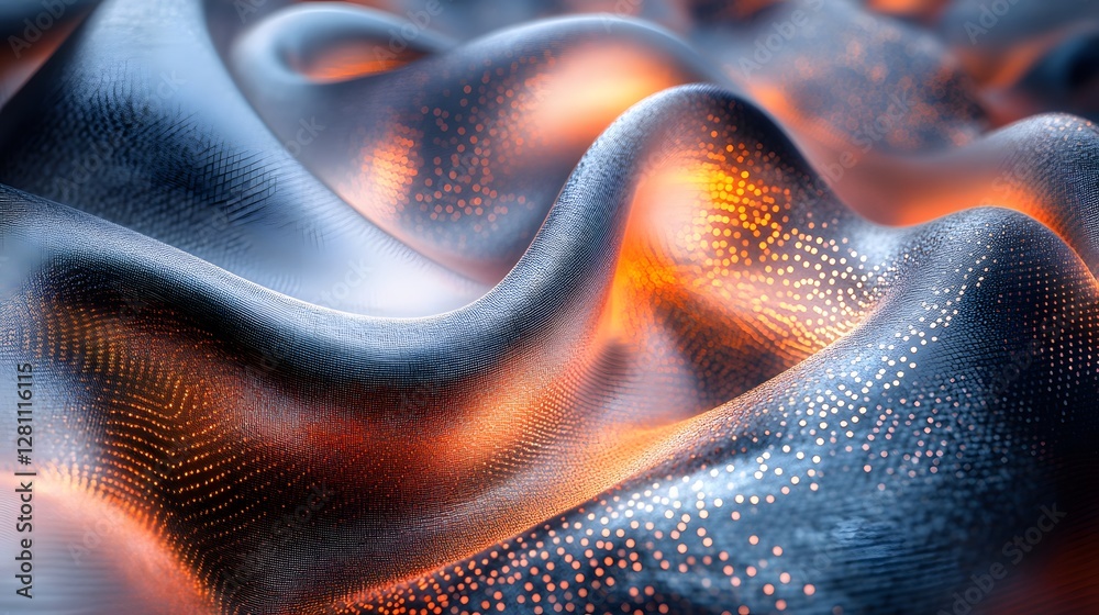 Poster a mesmerizing abstract image of digital waves with glowing orange and blue hues. abstract digital la