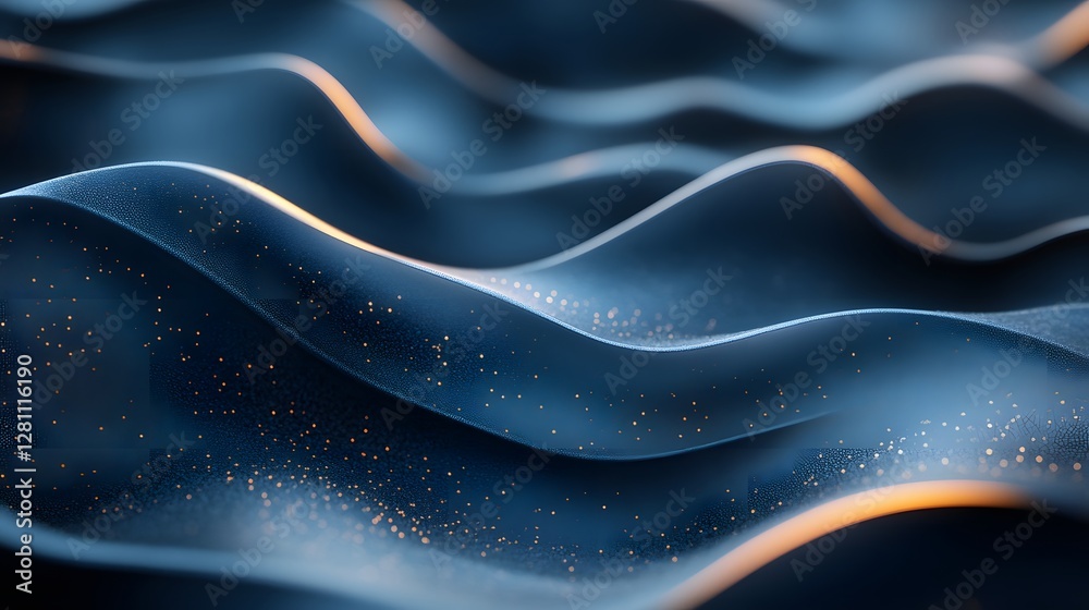 Poster a mesmerizing digital artwork featuring abstract dark blue waves, adorned with golden dust particles