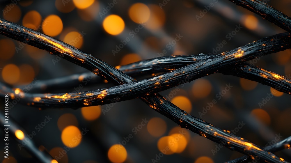 Poster close-up of dark branches with golden lights. macro photography style, mysterious atmosphere. glowin