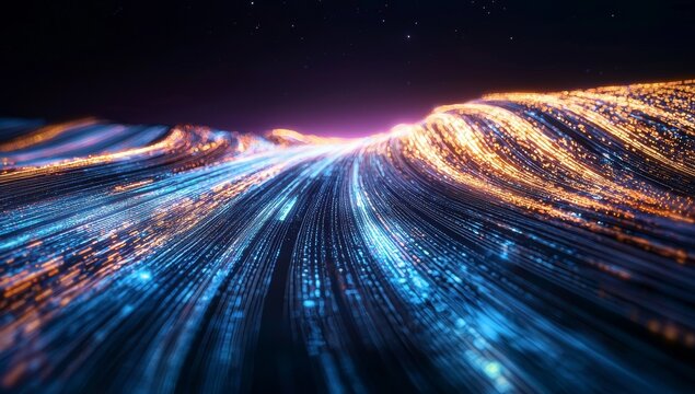 A mystical purple energy tunnel composed of particles and a lattice of advanced lines, bathed in a glowing backdrop, featuring vibrant hues and a touch of white