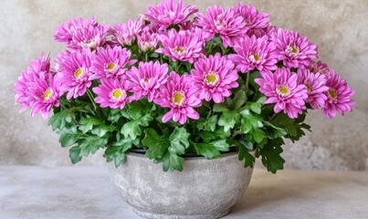 Fototapeta premium Vibrant pink chrysanthemums in a textured pot, showcasing floral beauty against a soft backdrop