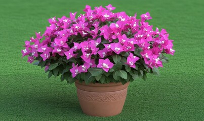 Naklejka premium Vibrant pink bougainvillea in a terracotta pot set against a lush green lawn backdrop