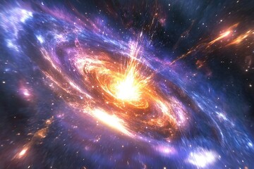 A spiral galaxy in space, with stars and nebulae swirling around it. The background is dark blue