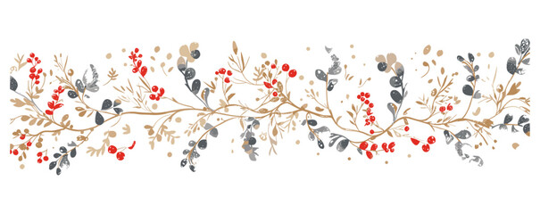 Lovely hand drawn vector seamless borders with winter branches, horizontal Christmas design, great for decorations, prints, cards, holiday pattern, festive ornaments, winter floral elements