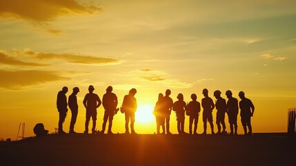 Engineer and construction team at work, silhouetted against a warm sunset, embodying teamwork and progress in industrial settings