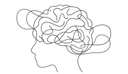 Vector brain design, one line silhouette, minimalism logo, neural network sketch, creative intelligence icon, abstract mind drawing, artistic brain outline, simple modern brain concept,