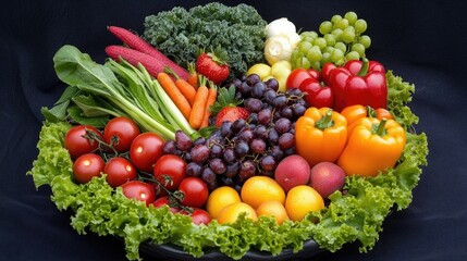 Colorful assortment of fresh vegetables and fruits in a bowl, highlighting the vibrant colors and textures commonly associated with healthy eating.
