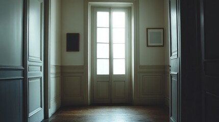 A softly open door invites warm light into a serene room. The space, with its pale walls and classic wooden floors, creates an atmosphere of calm and quiet exploration