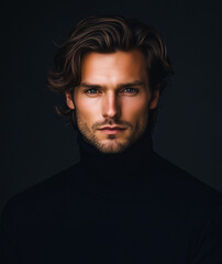Naklejka premium Portrait of a handsome man with medium-length hair, styled in elegant waves and a side part.