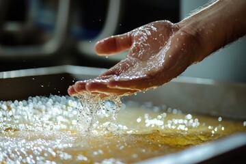 Fototapeta premium Hand splashing in water, creating droplets and ripples, representing cleanliness, refreshment, or playfulness