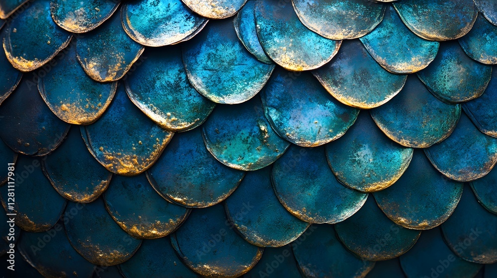 Poster close-up view of overlapping teal and gold scales, creating a rich textured pattern. teal and gold s