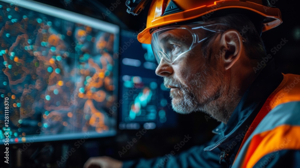Fototapete a skilled miner is focused on analyzing digital maps displayed on multiple screens in a dark control