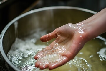 Fototapeta premium Hand interacting with bubbling water in a metal bowl, potentially depicting cooking, cleaning, or a scientific experiment
