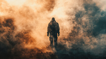 Fototapeta premium A warrior standing in a battlefield covered in thick.