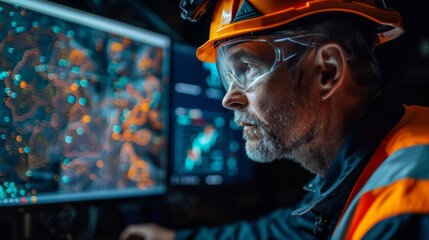 Fototapeta premium A skilled miner is focused on analyzing digital maps displayed on multiple screens in a dark control room, utilizing modern technology to aid underground exploration.