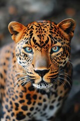 Obraz premium A young jaguar cub with vivid blue eyes looking at the camera.