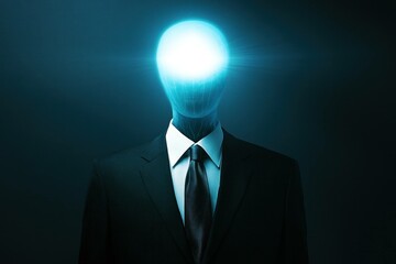 Abstract business figure representing innovation and creativity in a dark environment with glowing head, symbolizing new ideas and technology in a corporate setting