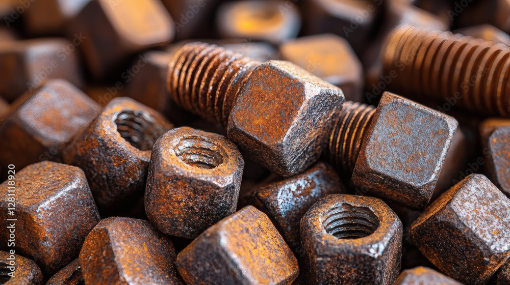 Poster A close-up view of various rusty nuts and bolts, showcasing their textures and shapes, highlighting the characteristics of metal fasteners