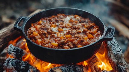 Fototapeta premium Rustic Hungarian Goulash Stewing in Cast Iron Pot Over Open Flames, Traditional Campfire Cooking, Generative AI