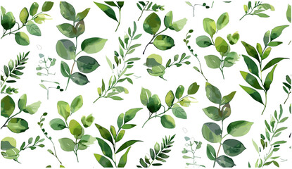 Vector seamless pattern of eucalyptus, palm, fern, foliage, tree, green leaves, herbs, hand drawn watercolor, rustic, eco friendly, natural background, floral, tropical, botanical, organic, fabric