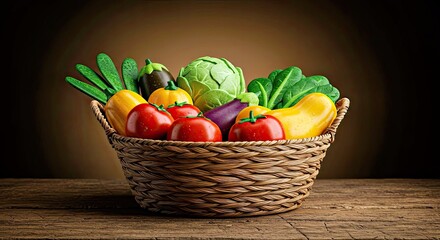 Stylized Basket, Woven from Natural Fibers, Overflowing with Vibrant, Abstract Fruits and Vegetables