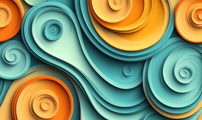 Abstract swirling teal and orange layered paper art background.