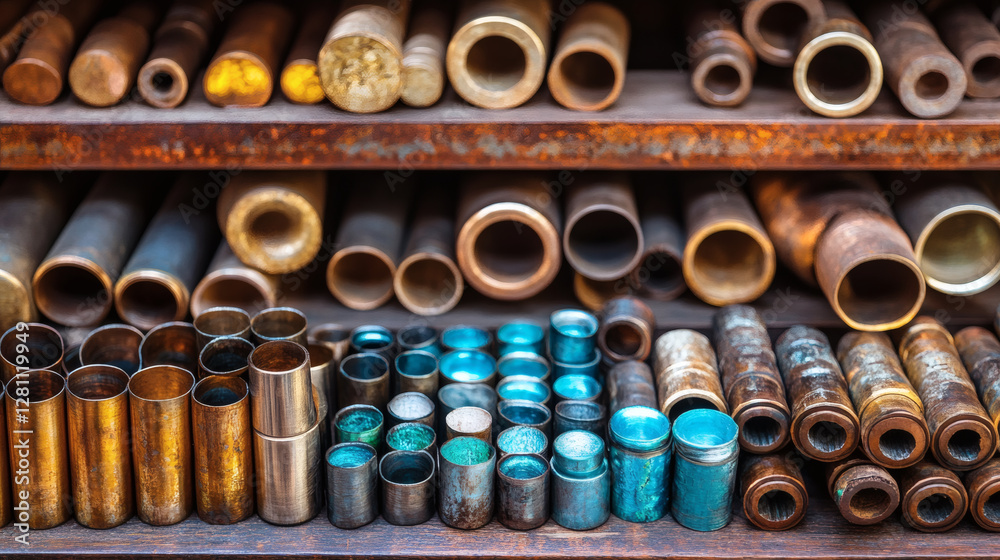Aufkleber an assortment of metal tubes and containers in various colors and sizes, arranged neatly on a shelf,