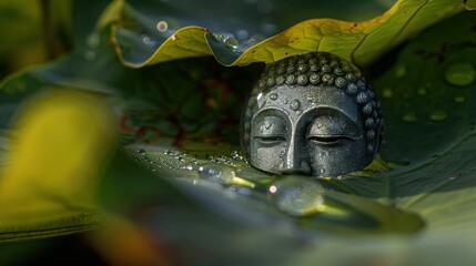 Buddha statue reflected in a drop of water on a lotus leaf telephoto lens realistic bright lighting --ar 16:9 --v 6 Job ID: 8ff95d9b-75d3-44fc-ae2c-a019581a7781