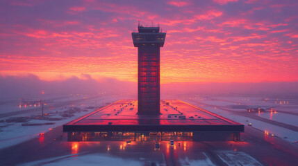 Obraz premium A stunning aerial view of an airport control tower at sunset, surrounded by colorful skies and reflecting lights on the surface