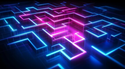 Digital neon maze with glowing blue and pink lights, creating a futuristic and cyberpunk aesthetic