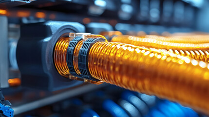 Obraz premium A close-up of vibrant orange cables connected to a device, showcasing intricate details and textures, likely part of an electrical or networking system