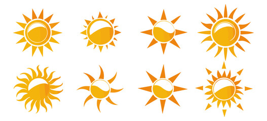Sun vector icons, sunset icons collection, shine sun ray set, abstract art, sunshine sign, isolated sun vector, ray icon, sun symbol, white background, sunset vector graphic.