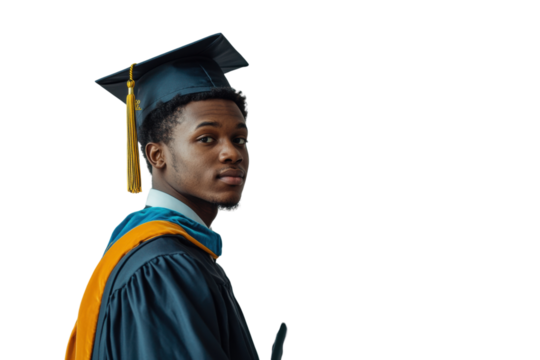 Graduate in cap and gown, proud expression