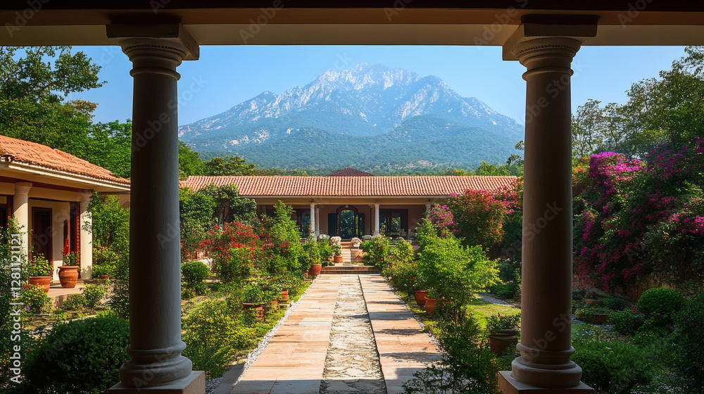 Poster a scenic view through columns showcasing a garden path leading to a majestic mountain backdrop