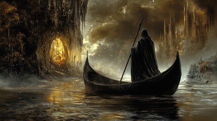 Death rowing in a boat on the river styx in the underworld