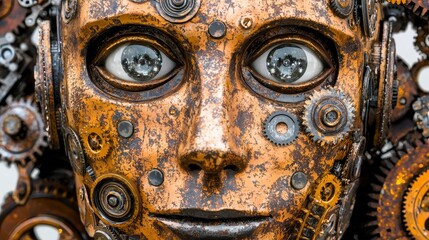 A steampunk robot featuring complex golden gears, mechanical lenses, and a metallic finish that has been weathered, embodies a retro-futuristic style