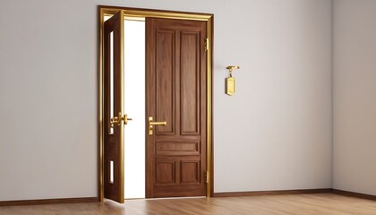 Wooden Door with Gold Handle, 3D Illustration, Brown Door, Door Design, wood door, door handle, interior design,apartment, contemporary, elegant, enter, front, furniture,945