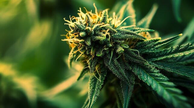 Cannabis flower close-up under natural sunlight, showcasing its trichome structure and potency