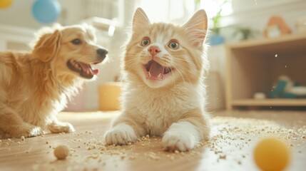 Playful puppy and energetic kitten enjoying their day at home indoor pet cozy environment adorable companionship